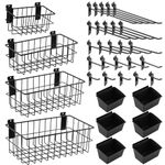 MUZIK 35 Pcs Slatwall Accessories, 4 Pcs Black Metal Slatwall Baskets, 6 Pcs Storage Slatwall Bins and 25pcs Multisized Slatwall Hooks Accessories for Organizing Shop, Garage Slatwall Panels