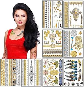 Metallic Temporary Tattoos for Women Teens Girls - 8 Sheets Gold Silver Temporary Tattoos Glitter Shimmer Designs Jewelry Tattoos - 100+ Color Flash Fake Waterproof Tattoo Stickers (Mustique)