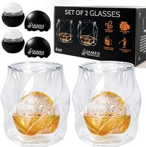 JAMES BENTLEY Glass JB Whiskey Glass – Elevate your Drinking Experience with our Whiskey Set of 2 Hand Blown, Double Wall Glass Tumbler (6oz) with 2X Ice Ball Mold - Whiskey Glasses for Men