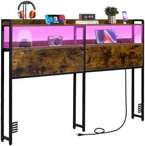 JIRTEMOT Queen Size Headboard with LED Lights, USB Charging Ports, Storage Shelves, Black Metal Frame
