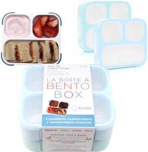 kinsho Medium Bento Box for Kids, Lunch-Box Snack Container for Boys Girls Daycare Pre-School, Leakproof 3 Divider Containers for Lunches Snacks (Pastel Blue +Teal)