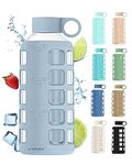 purifyou Premium 40/32 / 22/12 oz Glass Water Bottles with Volume & Times to Drink, Silicone Sleeve & Stainless Steel Lid Insert, Reusable Bottle for Fridge Water, Milk, Juice (22oz Ice Blue)