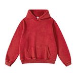 FAIABLE Mens Hoodies Pullover Oversized Hoodie Wash Plush Cotton Hooded Sweatshirt Vintage Heavyweight Hoodie Men Streetwear, Red, Large