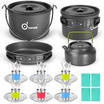 Odoland Camping Cookware Mess Kit for 6 People, Large Size Hanging Pot Pan Kettle with Base Dinner Cutlery Sets, Cups Dishes Forks Spoons Kit for Outdoor Camping Hiking and Picnic