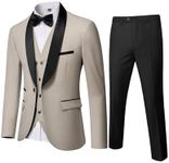 YND Men's 3 Piece Slim Fit Tuxedo Suit Set, One Button Shawl Collar Solid Business Blazer Jacket Vest Pants with Bow Tie, Beige