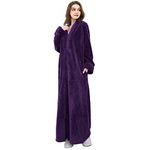 Hellomamma Women's Zip Front Bathrobe Soft Long Fleece Plush Robe Full Length Housecoat Sleepwear Dressing Gown Purple