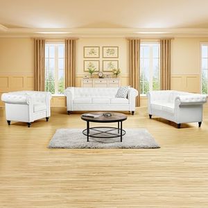 Naomi Home Emery Chesterfield 3-Piece Set - Loveseat, Sofa, and Accent Chair with Tufted Design, Rolled Arms, Perfect for Living Rooms, Bedrooms, and Small Spaces, Easy Tool-Free Assembly, Off White