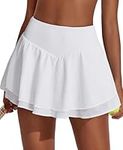 PINSPARK Women's Tennis Skirt High Waist Tennis Skort V-Waistband Ruffle Sports Skirt Summer Golf Skirt with 3 Pockets Pleated Skirt Workout Running with Inner Pants White