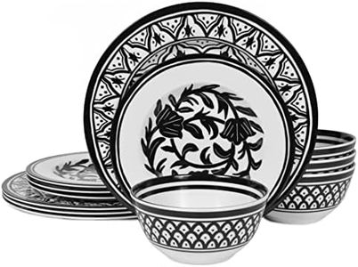 Melamine Dinnerware Sets-12pcs Melamine Plates and Bowls Set,Unbreakable, Dishwasher Safe, Indoor Outdoor Use,Black pattern