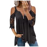 Womens Summer Cold Shoulder Tops Cut Out Lace 3/4 Sleeve Blouses Crochet Eyelet Casual Slouchy Loose Waffle Knit Shirts Black