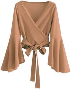 SweatyRocks Women's Long Sleeve V Neck Tie Knot Bandage Wrap Blouse Crop Top Khaki XXL