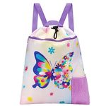 Butterfly Gym Drawstring Backpack - 38 x 45 cm Sports Gym Bag Drawstring Bag for Girls Kids Waterproof String Backpack for Beach Swim Travel Yoga Gift with Zipper Pocket and Water Bottle Pocket