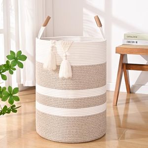 Degeyoyo Large Laundry Basket, Laundry Hamper with Leather Handles, 90L Woven Dirty Clothes Hamper, Rope Hampers for Bedroom, Barthroom, Brown