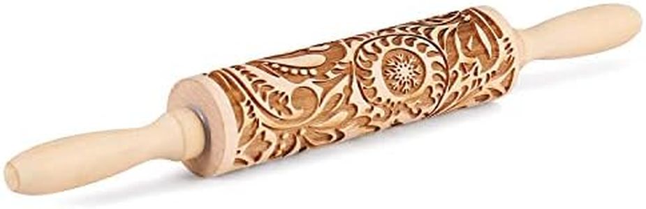 Flexzion Embossed Rolling Pins, Wooden Pastry Cookie Roller, Wood Engraved Pin w/Handle, Classic Style Paisley Pattern Design Textured Dough Maker, Baking Tool Set for Cake Fondant Clay Kitchen - 16"