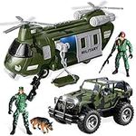 JOYIN Military Vehicles Toy Set of Friction Powered Transport Helicopter and Military Truck with Light and Sound Siren and Army Men Soldier Action Figures for Kids