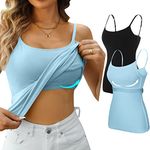 V FOR CITY Shelf Bra Tank Tops for Women Shelf Bra Camisole Cotton Yoga Cami Adjustable Spaghetti Strap Tanks 2 Pack Black Blue