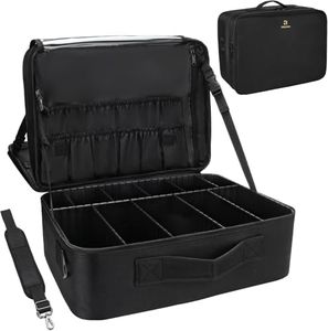 Relavel Extra Large Cosmetic Case, Large Capacity Travel Makeup Bag, Professional Makeup Train Case with Plastic Dividers and Shoulder Strap, Portable Nail Organizer Box Art Supply Case, Black