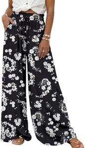 LILLUSORY Women Elastic Casual High Waist Wide Leg Pants 2026 Summer Long Palazzo Pant with Pocket Beach Vacation Clothes Black Flower XL
