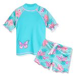 HUAANIUE Girls 2PCS Swimsuit 3-11Y Swimming Set Short Sleeve Swimwear Summer Beach Swimming Costume Outfit Sun Suit(Cyan,6A