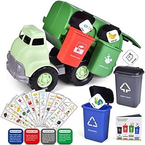 FUN LITTLE TOYS Garbage Truck Toy with 4 Rear Loader Trash Cans and Garbage Illustrated Flash Cards, Waste Management Recycling Truck Toy for Kids