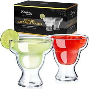 Dragon Glassware Margarita Glasses - 12 oz Clear Double Wall Stemless Margarita Glasses Set of 2 - Insulated Barware Set to Keep Beverages Hot or Cold Longer