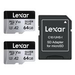 Lexar Silver Plus 64GB 2-Pack Micro SD Card up to 205 MB/s, MicroSDXC UHS-I Memory Card with Adapter, C10, U3, A2, V30, Full HD, 4K UHD, High Speed TF Card for Drone, Action Camera, Handheld Consoles