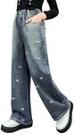 Rolanko Girls Jeans Baggy Wide Leg Denim Pants Elastic Loose Kids Jeans (Bow, 8-9 Years)