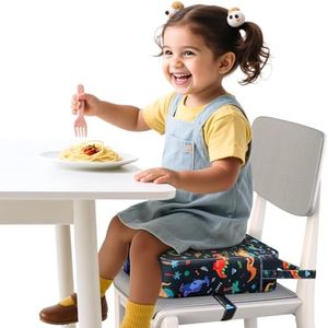 Toddler Booster Seat for Dining Table and Kitchen Chair – Adjustable Safety Straps, PU Leather, Non-Slip, Easy to Clean, Portable Travel Foam Booster Cushion for Kids & Toddlers (Black Dinosaur)