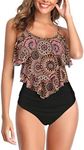 Bathing Suits for Women High Waisted Bikini Sets Ruffled Tank Top Tankini Swimwear Tummy Control Swimming Suit 10 Brown Black 6-8