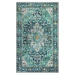 Moynesa Ultra-Thin Washable Vintage Area Rug - 3x5 Vintage Entry Throw Rug Non-Slip Oriental Medallion Bedroom Mat Non-Shedding Indoor Floor Carpet for Living Laundry Room, Teal/Mutil