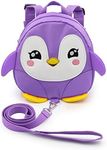 Hipiwe Baby Toddler Walking Safety Backpack Little Kid Boys Girls Anti-Lost Travel Bag Harness Reins Cute Cartoon Penguin Mini Backpacks with Safety Leash for Baby 1-3 Years Old, Purple,