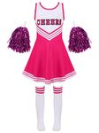 YOOJOO Cheer leader Costume for Girls Cheerleading Uniform Dress Outfit with Stockings 2 Pom Poms Hot Pink 6 Years