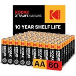Kodak Xtralife 60-Pack AA Batteries, Double A Alkaline Battery Pack, 1.5V, 10-Year Shelf Life, LR6, Ideal for High-Drain Devices, 12x More Power, Plastic Free Cardboard Outer Carton
