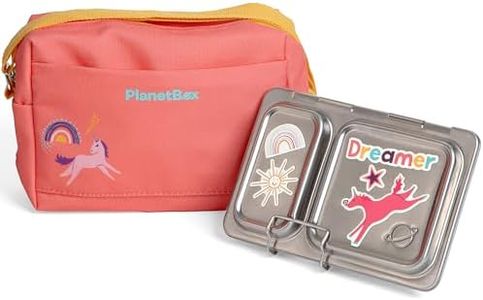 PlanetBox Shuttle Stainless Steel Bento Box Style Lunch Box Kit for Youth with 2 Compartments – Unicorn Rainbow Edition includes Small Carry Bag, Leakproof Food Containers & Matching Magnets