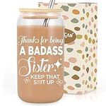 LEADO 16oz Glass Cups with Lids and Straws - Sister Gifts from Sister, Brother - Funny Thank You, Mothers Day, Birthday Gifts for Sister, Sister in Law, Little, Big Sister, Soul Sister Gifts