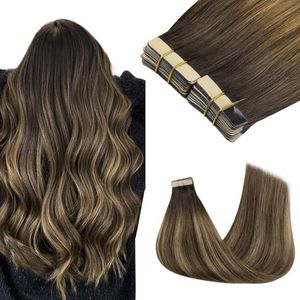 GOO GOO Tape in Hair Extensions Human Hair, 4D/14/5B Brunette Balayage, 24inch 100g 40pcs, Thick Ends Straight Seamless Tape in, Invisible Tape in Hair Extensions Human Hair