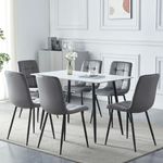 HomJoy Dining Table and Chairs Set 6 White Marble Effect 4-6 Seater Slate Modern 120cm Rectangular Dining Table Grey Velvet Padded Chairs (Light Grey, Table and Set 6)