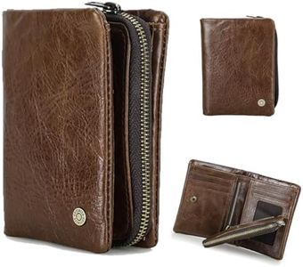 Contacts Mens Trifold Wallet Detachable Zip Coin Pocket RFID Blocking Leather Purse Zip Multi Credit Card Organizer with 7 Card Slots 1 Photo Window, Brown, Minimalism