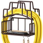 MANFLY Garden Hose Holder, Wall Mounted Solid Metal Heavy Duty Hose Holder, Outdoor Yard Hose Rack with Tool Storage Basket and 2 Tool Hooks, ‎Coffee Gold