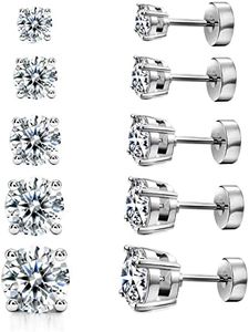 Women's 14K Gold Plated CZ Stud Earrings Simulated Diamond Round Cubic Zirconia Ear Stud Set（5 Pairs), White Gold, Cubic Zirconia