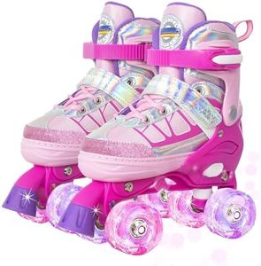 MammyGol Roller Skates for Kids Boys Girls, Adjustable Quad Skates with Light Up Wheels for Toddler Little Kids Ages 6-12 Size 9C 10C 11C 12C, Beginners Outdoor Sports, Rose Red