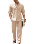 COOFANDY Mens 2 Pieces Cotton Linen Set Long Sleeve Button Up Shirt and Beach Pants Set Summer Yoga Outfits, Light Coffee, XX-L