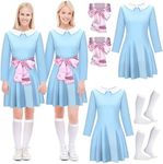 Leumoi 6 Pcs Halloween Adult Twin Costumes Blue Twin Dress Tube Socks with Pink Silky Ribbon for Women Cosplay Party, Multicolor/ Blue, Pink, White