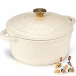 Overmont 6.6L Enamelled Cast Iron Round Casserole Pot With Lid Cookbook & Cotton Potholders - Non-stick Dutch Oven Cookware for Braising, Stews, Roasting, Bread Baking - White, 28cm