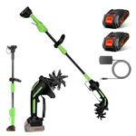 Tiller Cordless, 2-in-1 Electric Garden Soil Cultivator/Rotavator with 21V Battery, 1.3 m Extension Pole, 10cm Tilling Depth and Working Width, Electric Garden Cultivator for Lawn, Garden (Battery*2)