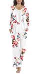 Aodemo Womens Fall 2 piece Pajama Sets Long Sleeve Sleepwear Ladies Pleated Nightwear Pjs Lounge with Pants Pockets L, Floral White