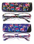 SOOLALA 2 Pairs Spring Hinges Patterned Rectangular Reading Glasses w/Matching Pouch, BKGN, +3.0