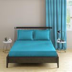 Pro Linen Basic 1Cm Satin Stripe Pure Cotton 210Tc, 3Pc Bedding Set, King Regular Size 275x275 Cm, Aqua, (1 Bed Sheet + 2 Pillow Covers)