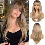 EMMOR Long Ash Blonde Wigs for Women Straight Synthetic Layered Wig with Fringe and Dark Roots(26" Ash Blonde)