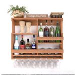 Indigo interiors Wooden Wall Mounted Wine Rack, Bar Cabinet with Glass Storage, Wall Hanging Mini Bar for Home Wine Rack/Holder Upside Down Glass Hanging Organizer Size 30 x 24 Inch (Natural)